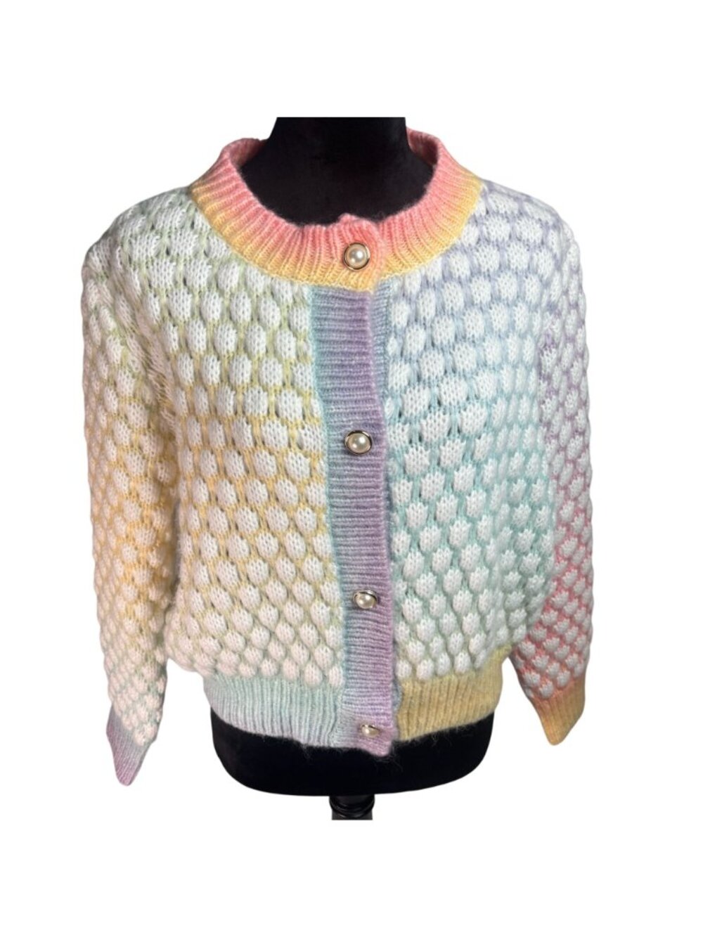 Pastel Rainbow Bubble Knit Cardigan Sweater, Pearl Buttons Colorblock size Large - Picture 10 of 12